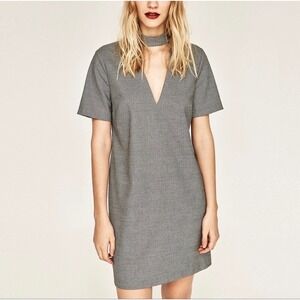 Zara Woman Dress XL Black White Houndstooth Choker V-Neck Shift Mini Glam Grunge